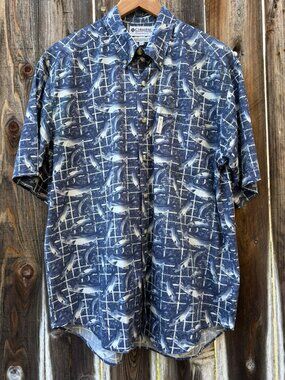 Columbia Sportswear Navy Print Fishing Motif 100% Cotton Shirt Medium